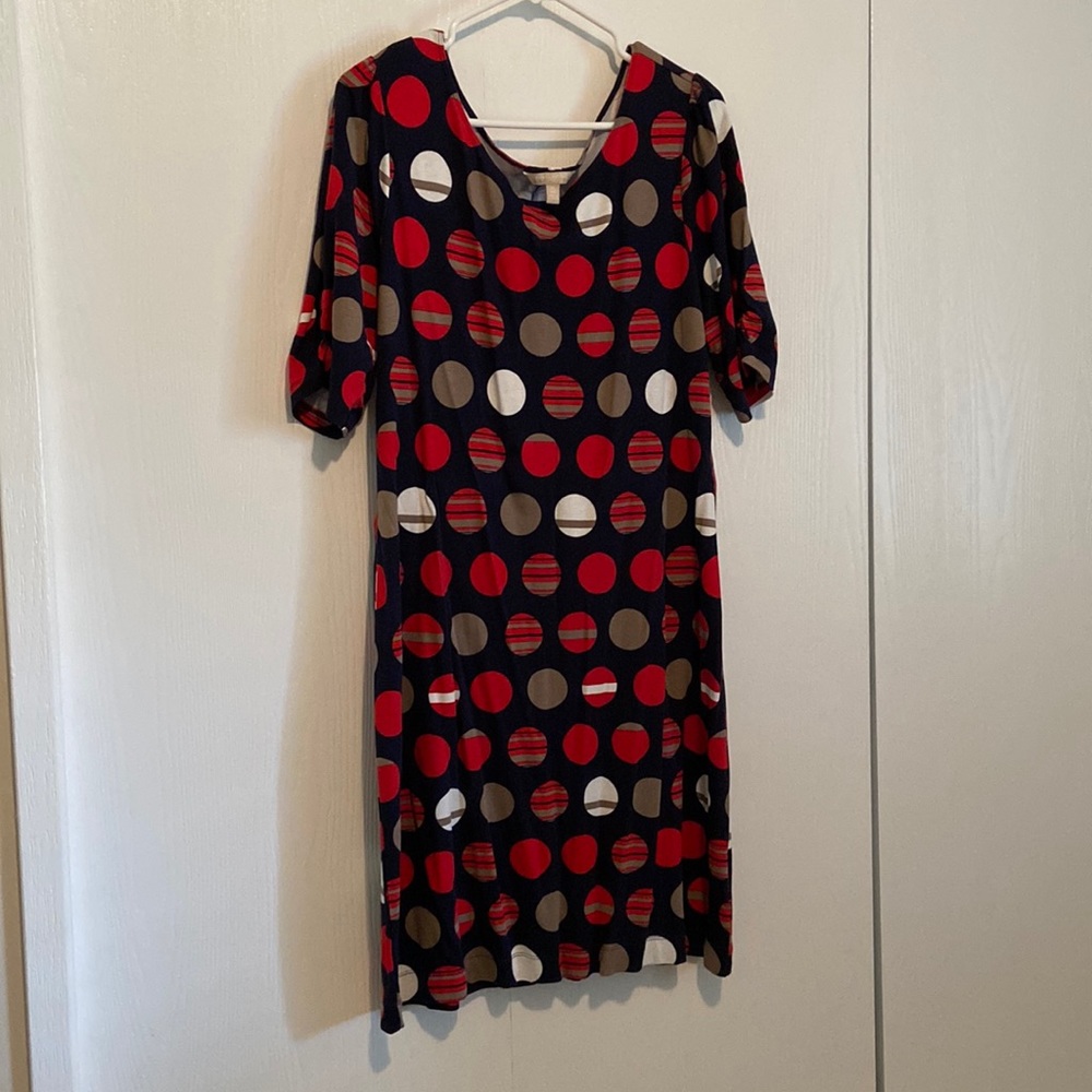 Banana Republic XL Navy with red, tan and white polka dots dress